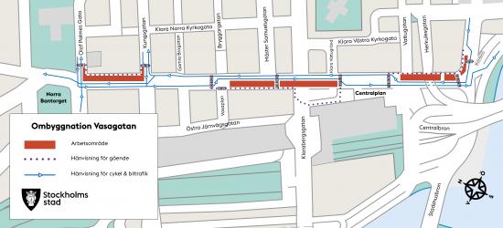 Karta över aktuella arbetsområden och hänvisning för gående, bil- och cykeltrafik.