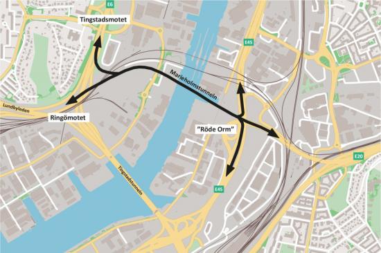 Schematisk karta över Marieholmstunnelns förbindelser.