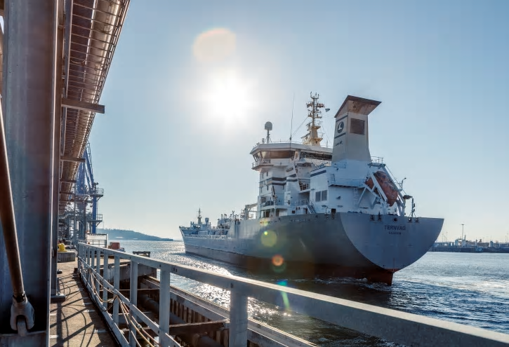 Fartyget Ternvag redo för anlöp i Göteborgs hamns energihamn. Med coronavirusets framfart har rutinerna för fartygsanlöp förändrats.