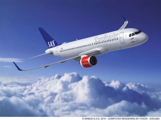 <span>Airbus A320neo, med ca. 15 % mindre bränsleförbrukning, på bilden har premiär i SAS flotta den 26 oktober. </span>