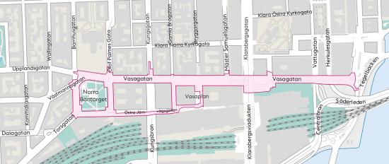 Karta över området som omfattas av projektet under byggtiden 2018-2022: Vasagatan, Norra Bantorget, &Ouml;stra Järnvägsgatan och Vasaplan.