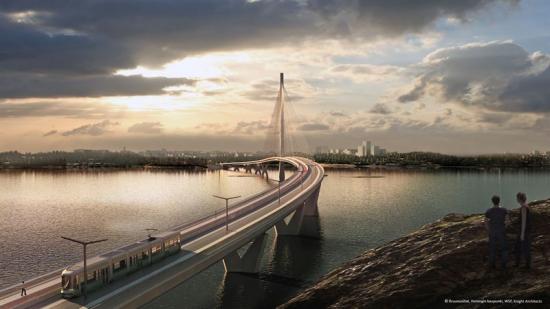 Kronbroarnas planerade spårvagnslinje (bilden är en illustration).<br />Illustration: Crown Bridges project, City of Helsinki, WSP, Knight Architects