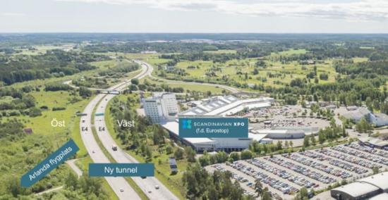 Flygbild över Scandinavian XPO och delar av Arlandastad.