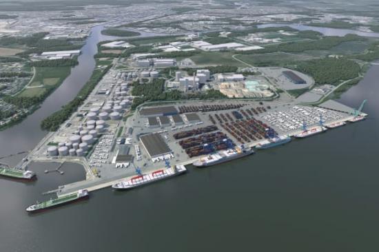 Visualisering av Pampushamnens planerade utformning, färdig år 2023.