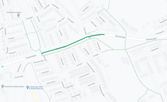 Den påverkade sträckan av &Aring;lerydsvägen i Linköping är utmarkerad med grönt.