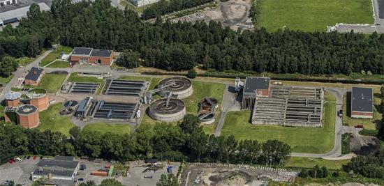 Flygfoto över centrala reningsverket i Kristianstad