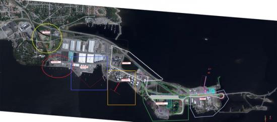 &Ouml;versiktsbild som visar vart olika åtgärder ska genomföras inom hamnområdet.