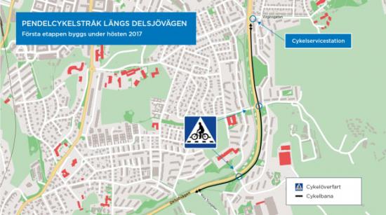 Karta över första etappen av det pendelcykelstråk med cykelöverfarter och cykelservicestation som ska byggas längs Delsjövägen i östra Göteborg under hösten 2017.