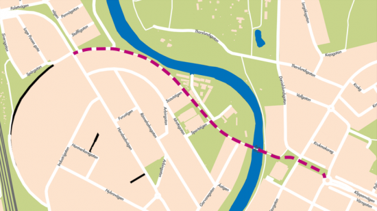 Kartbilden är en visualisering av var Klippanvägens förlängning skulle kunna sträcka sig. Vägens exakta utformning är ännu inte beslutad utan kartans syfte är att ge en uppfattning av området.