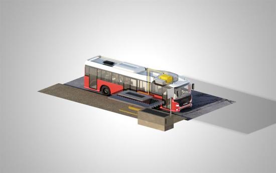 Den induktiva laddningen sker automatiskt vid hållplatsen, där bussen parkerar över en laddplatta som är monterad i vägbanan