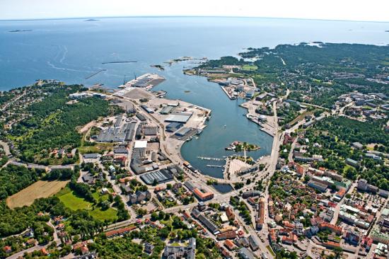 Flygbild över Oskarshamns hamnbassäng, foto: Oskarshamns Hamn AB