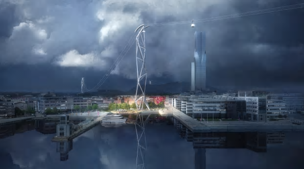 Illustration i det vinnande förslaget som visar linbanetornens utformning och gestaltning, här på Lindholmen.