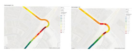 Ytterligare ett vänstersvängfält på rampen fick följande effekter (bild från verktyget Flowmapper visar medelhastigheten före och efter åtgärden).