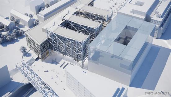Idéskiss flygvy över Sundbybergs nya resecentrum. (T.h. kvarteret Godset med potentiell expansion).