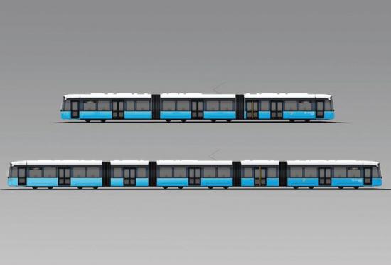 Spårvagn av typen M34 är 12 meter längre än föregångaren M33, överst i bild.