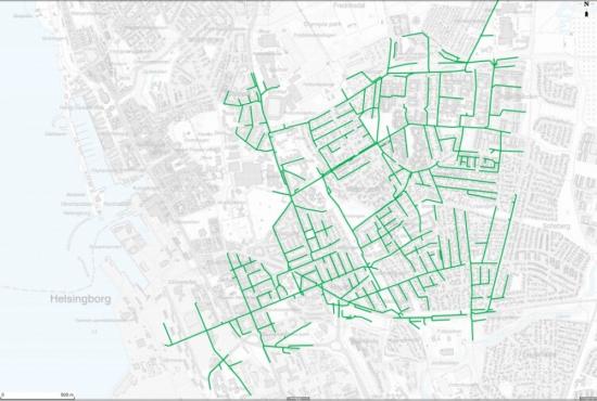 Bild på Furutorpsgatans avrinningsområde som det har grävts mycket i sedan 1970-talet och i synnerhet från 2010-talet vars dagvatten nu kan ledas ut direkt till sundet.