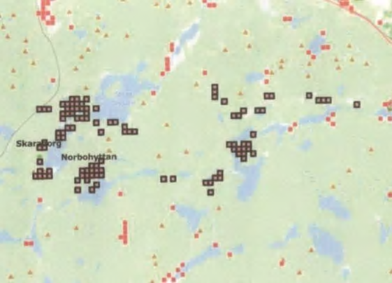 De svarta markeringarna visar planerad fiberutbyggnad i Silvbergsområdet.