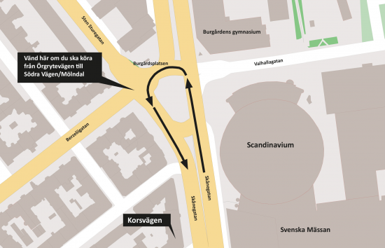 Du som kommer körande från &Ouml;rgrytevägen och ska till Södra Vägen och/eller åt Mölndalshållet kan i fortsättningen vända här, vid Scandinavium.
