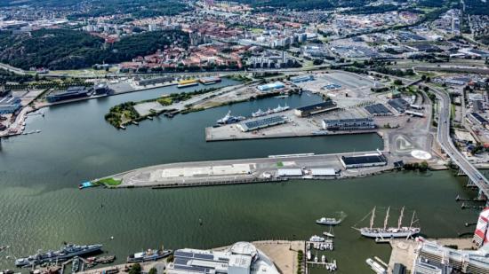 Flygfoto över Frihamnen.