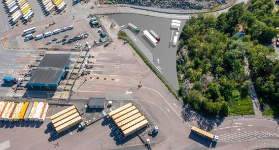 Visionsbild över den kommande vätgastankstationen i Göteborgs hamn. 