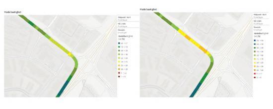 Ytterligare ett vänstersvängfält på rampen fick följande effekter (bild från verktyget Flowmapper visar medelhastigheten före och efter åtgärden).