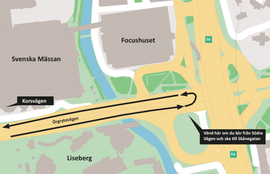 Du som kommer körande från Södra Vägen och ska till Skånegatan kan i fortsättningen vända här, vid Focushuset.
