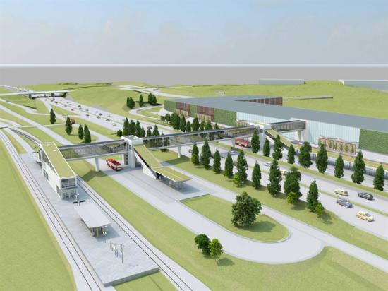 Illustrerad flygbild över Arninge Resecentrum.