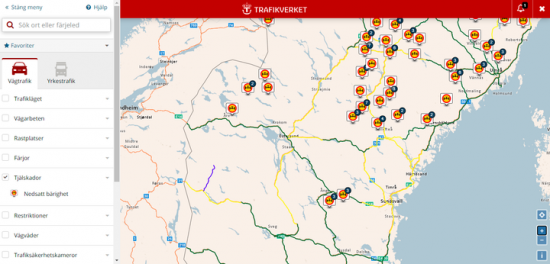 Karta: Trafikinformation väg, vy tjälskador, nedsatt bärighet 30 mars 2021.