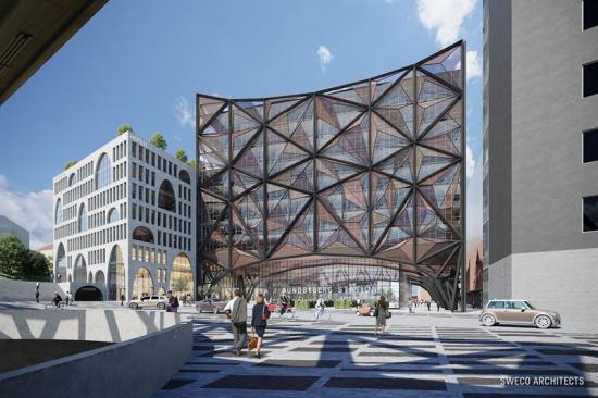 Utformningen av Sundbybergs nya resecentrum kommer att bearbetas vidare bland annat med en arkitekttävling/parallella uppdrag framöver. Bilden är en tidig idéskiss för hur resecentrum skulle kunna se ut.