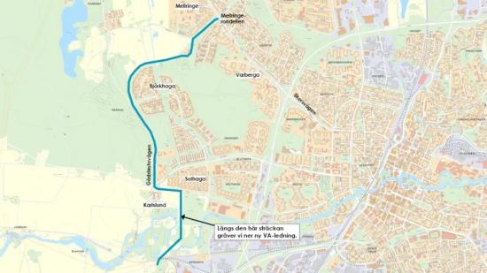 Kartan visar var Örebro kommun ska gräva ner ny VA-ledning under 2022.
