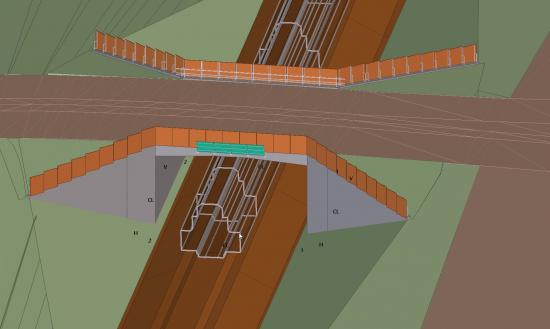 3D-modell av vägbro och faunapassage.