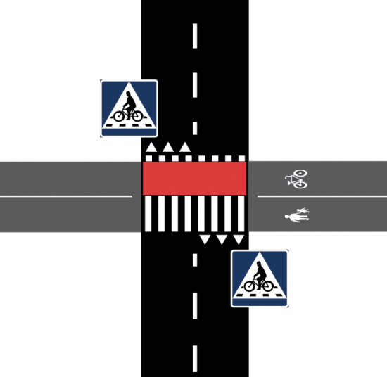 Cykelöverfarterna markeras med hjälp av röd asfalt och nya vägmärken. Ill: Lisa Losköld.