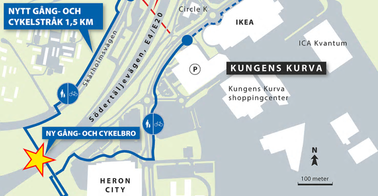 Stjärnan på bilden visar var invigningen av den nya gång - och cykelbron är.