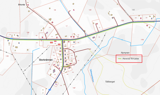 Planerade sträckor för förnyelse av vägbelysning i Storbrännan, Burträsk.