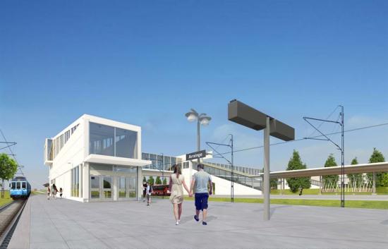 Illustration över ena perrongen på Arninge Resecentrum.